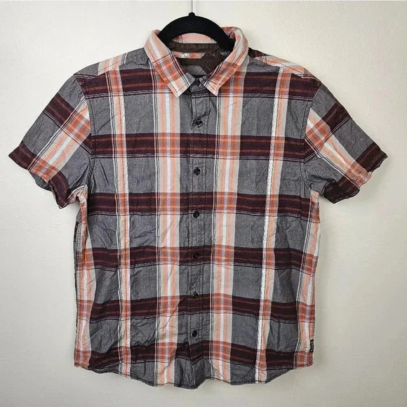Prana Men's Orange Brown Plaid Lukas Shirt Short Sleeve Button Front Size Small - Picture 1 of 9